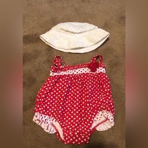 0/3 month Koala heart bathing suit with 3/6 month Baby Gap white eyelet hat